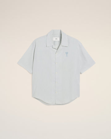 Blue Cotton Camp Collar Short Sleeves Shirt