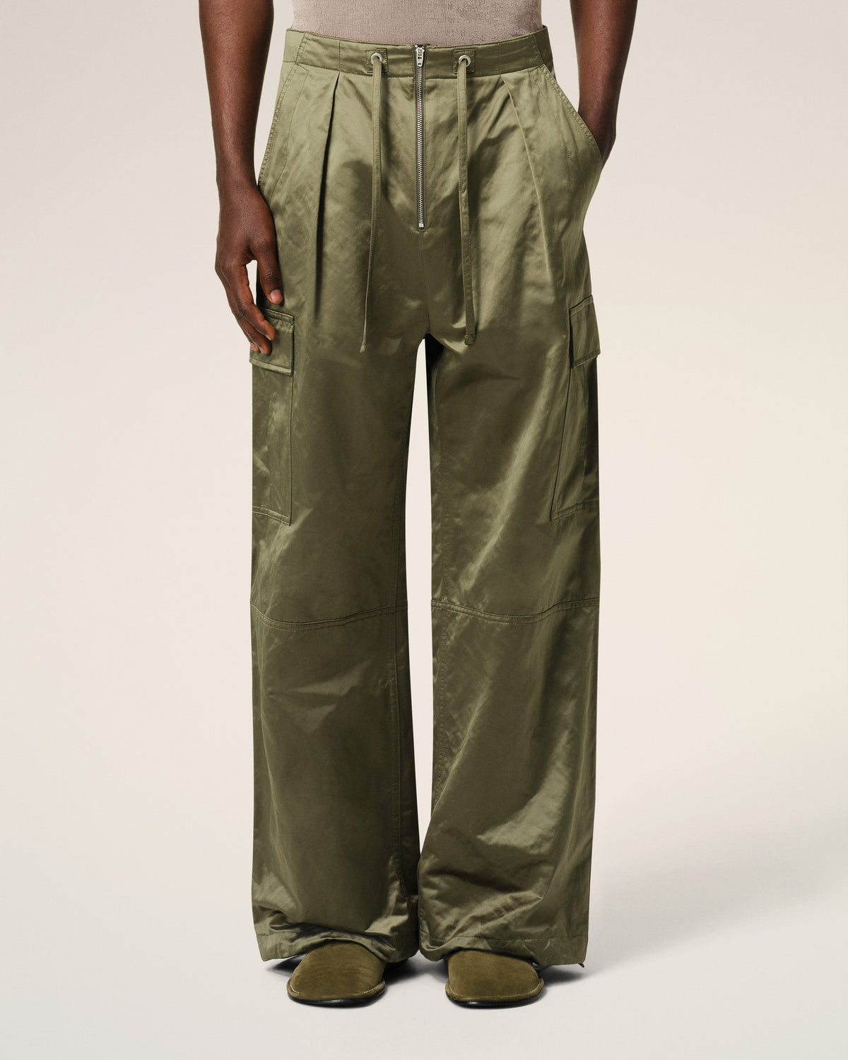 Green Cotton Satin Zipped Cargo Trousers