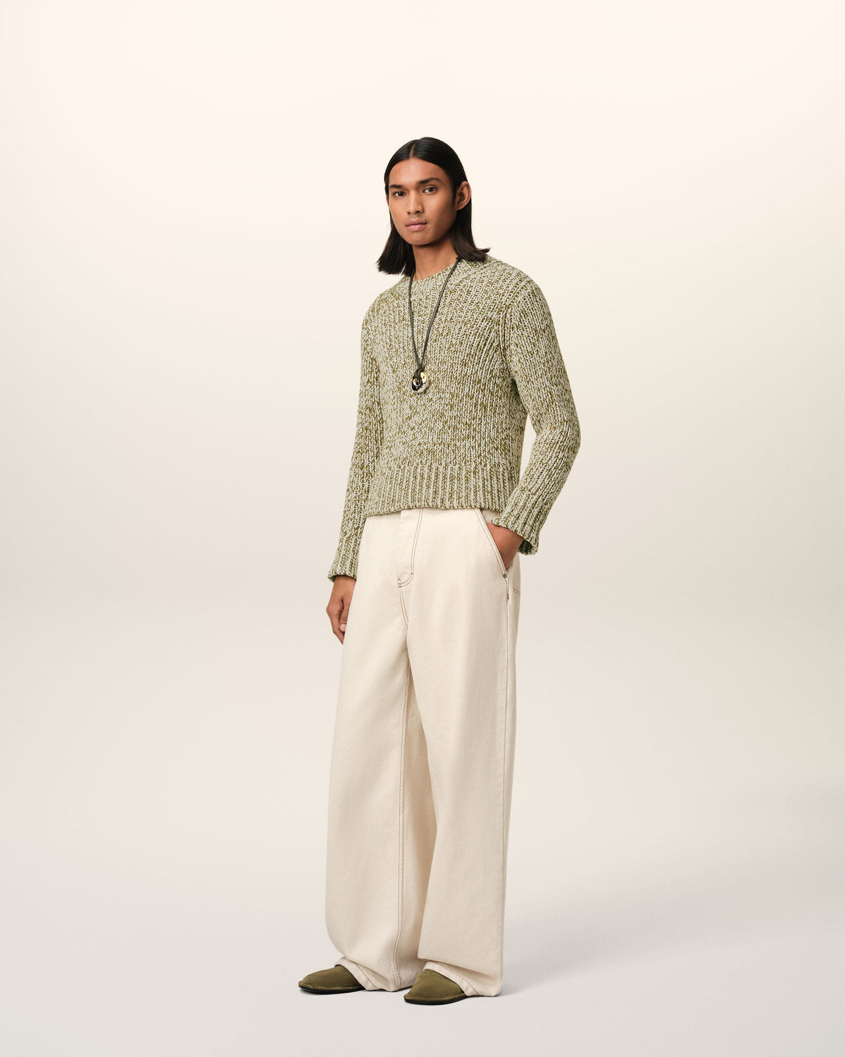 Green Mouliné Textured Knit Crewneck Sweater