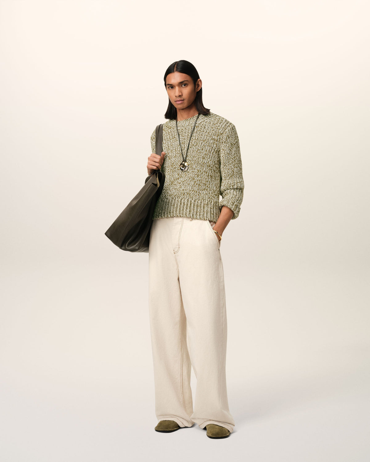 Green Mouliné Textured Knit Crewneck Sweater