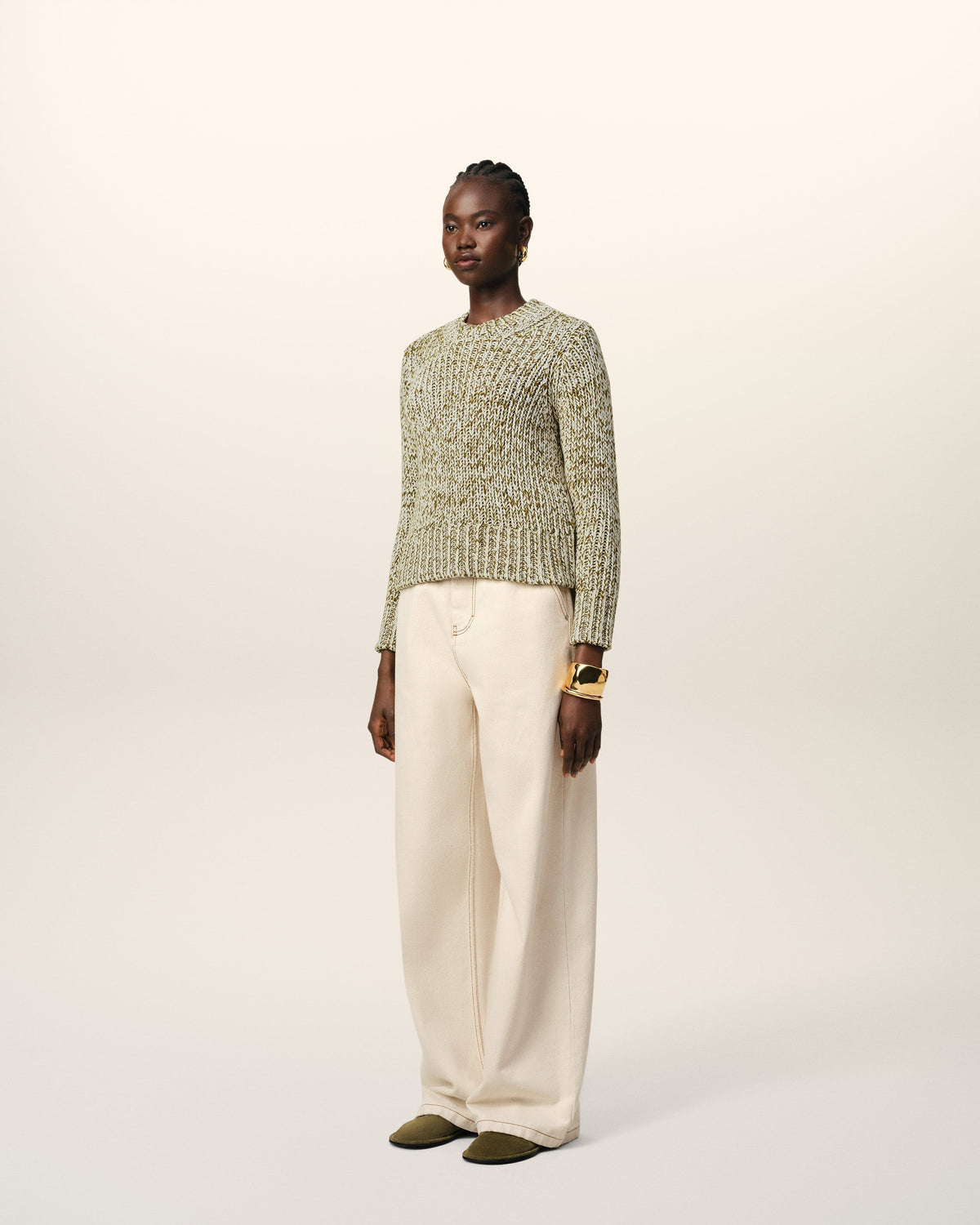 Green Mouliné Textured Knit Crewneck Sweater