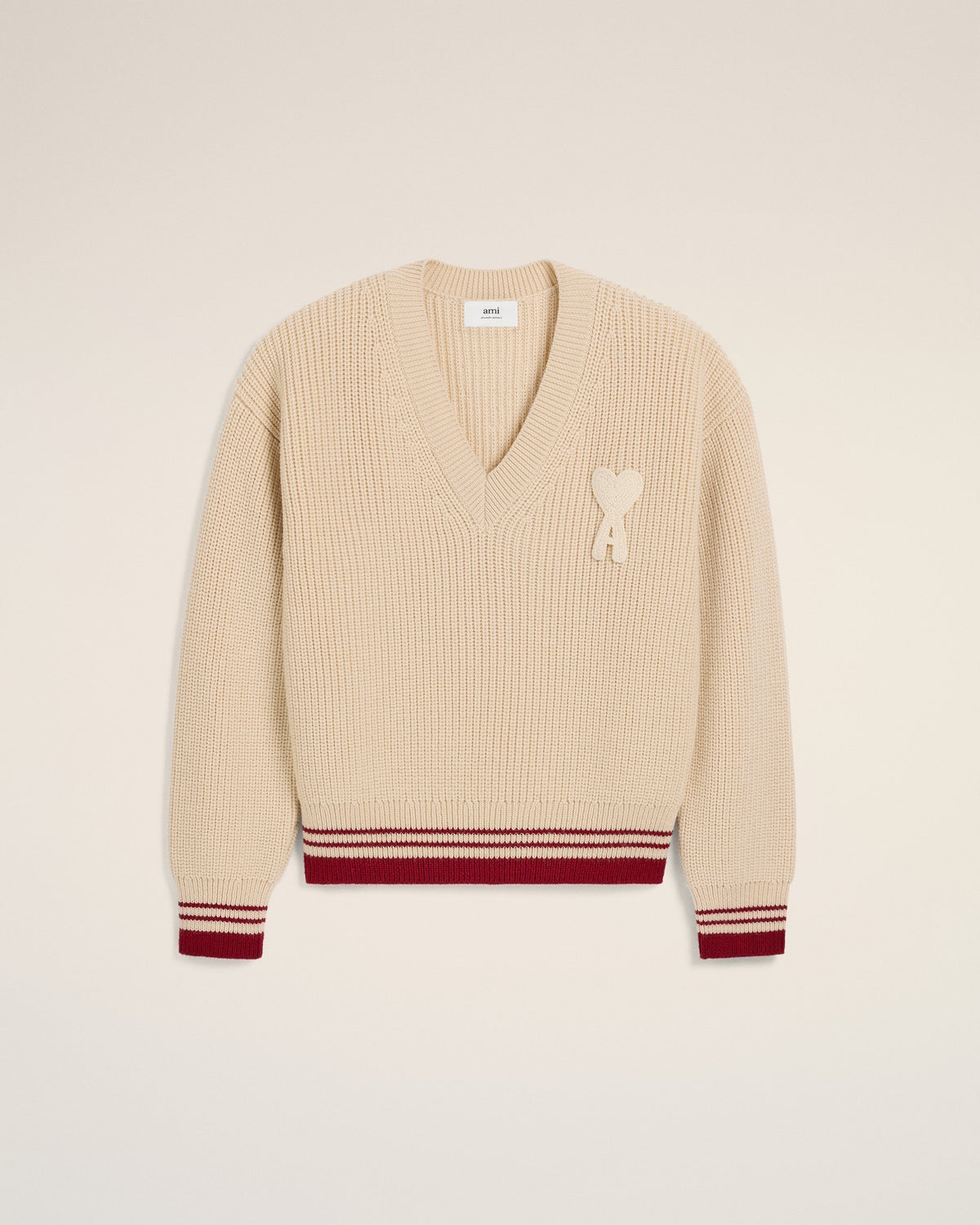 Beige Wool Ribbed V Neck Sweater