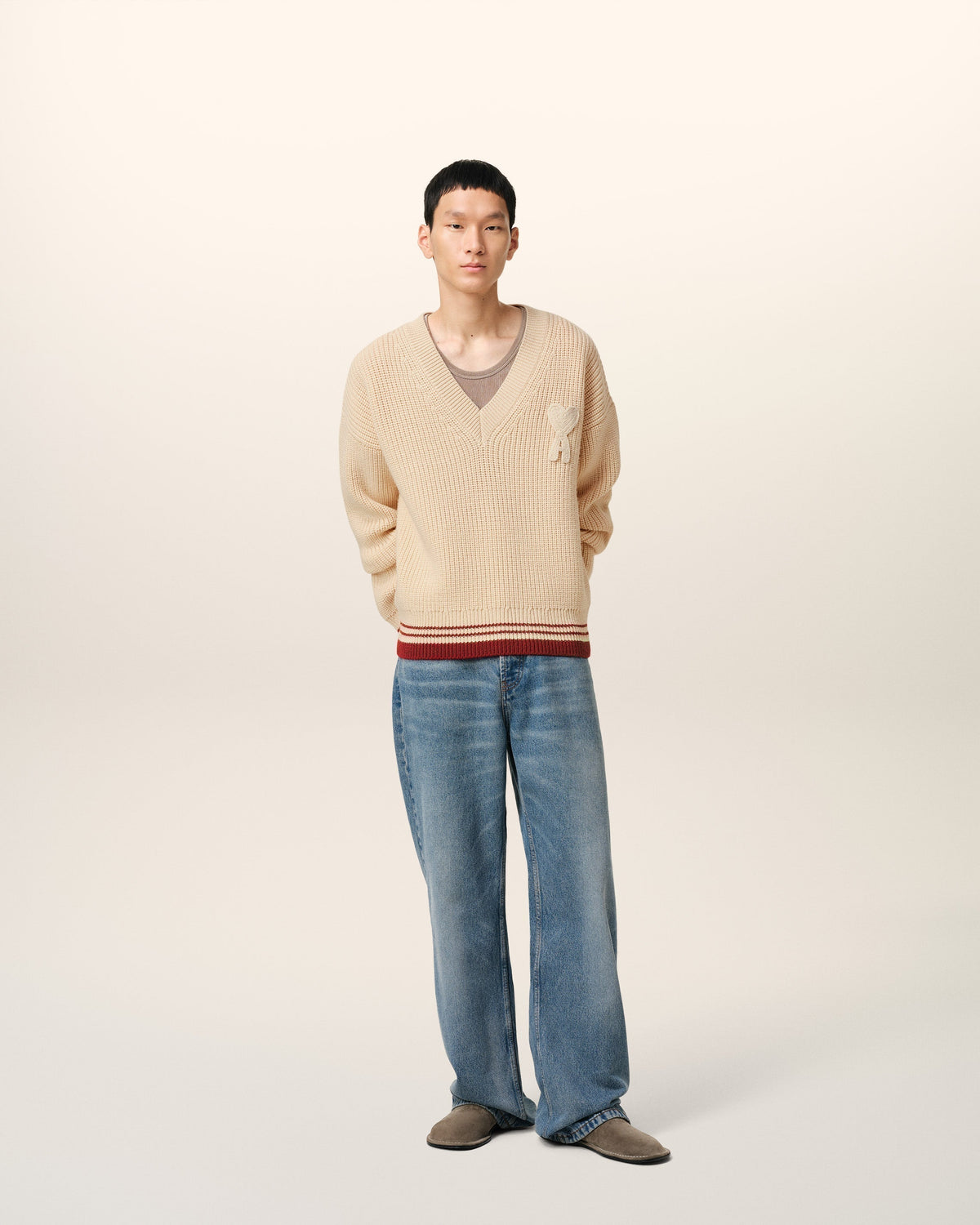 Beige Wool Ribbed V Neck Sweater