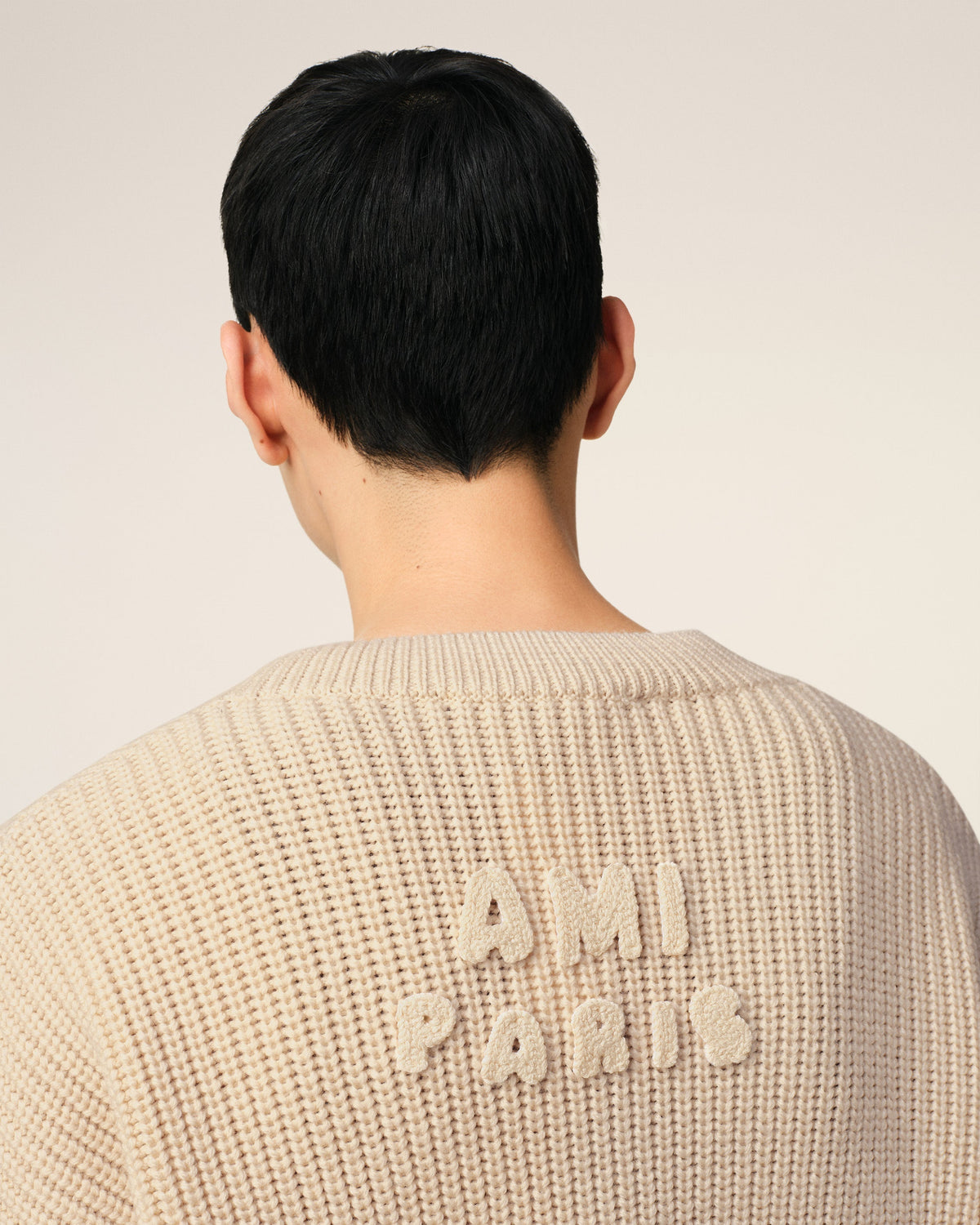 Beige Wool Ribbed V Neck Sweater