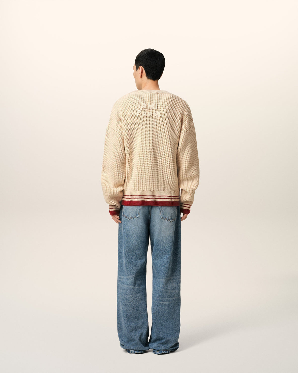 Beige Wool Ribbed V Neck Sweater