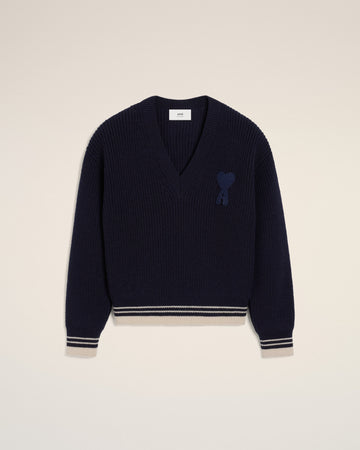 Navy Wool Ribbed V Neck Sweater