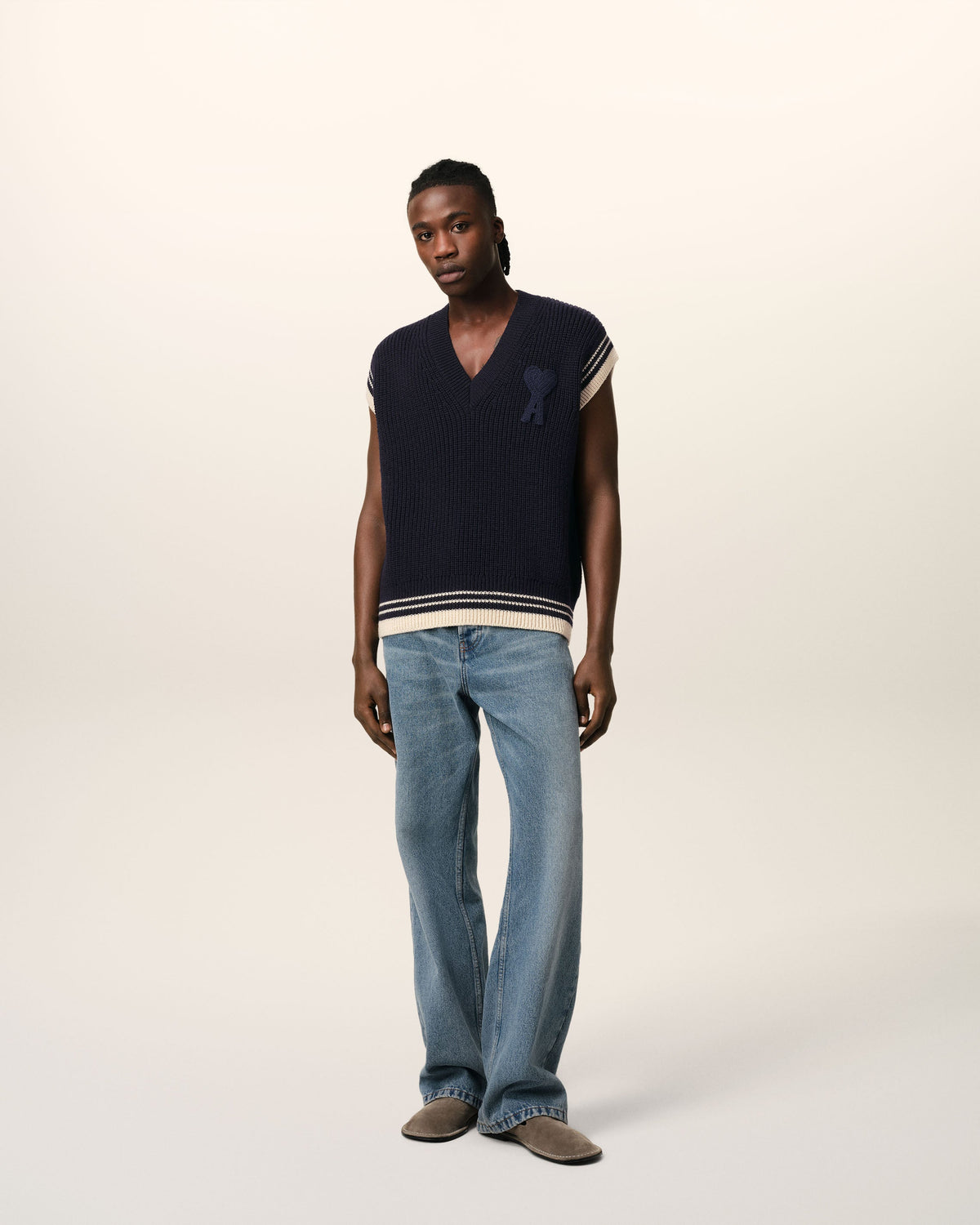 Navy Wool Ribbed Sleeveless V Neck Sweater