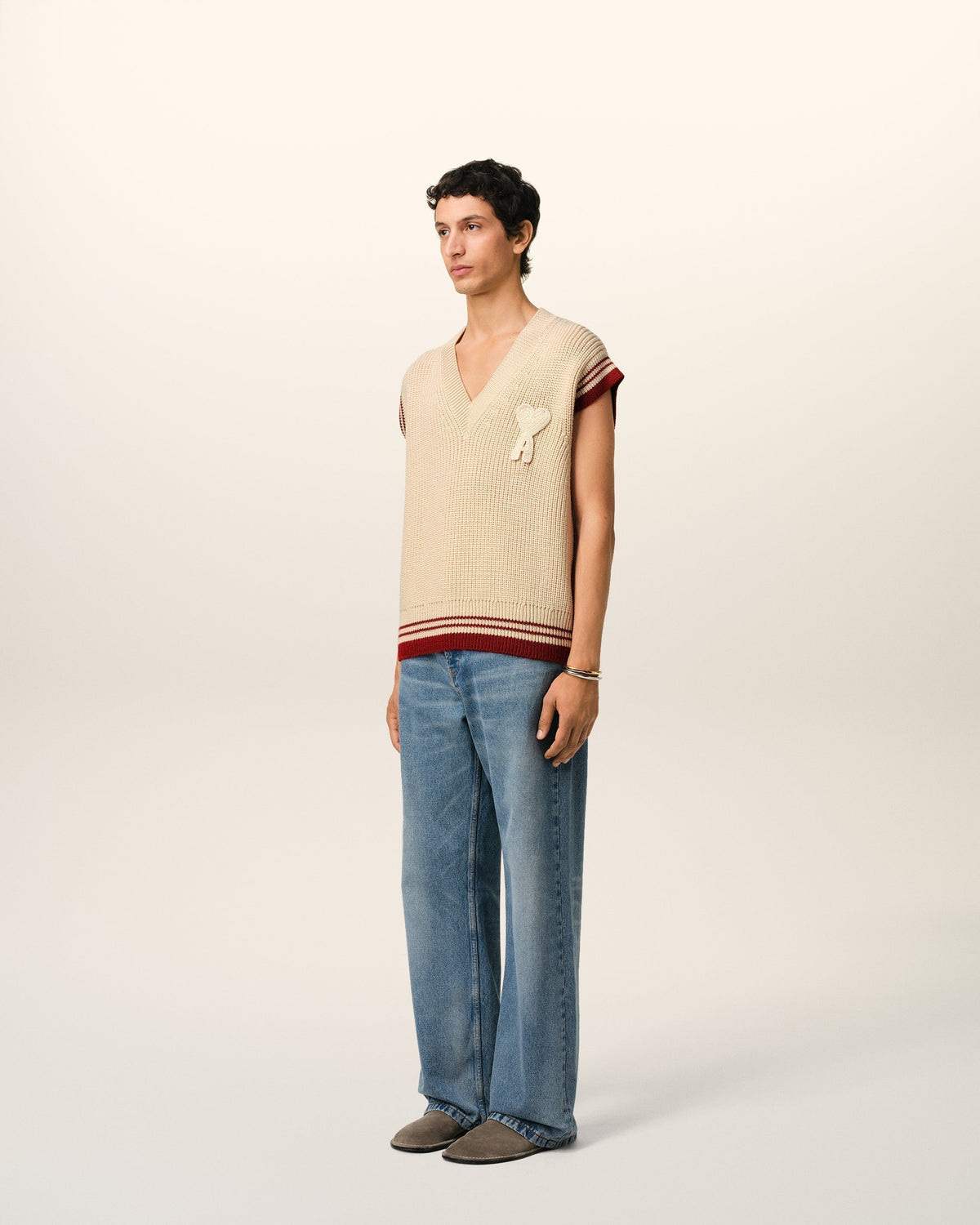 Beige Wool Ribbed Sleeveless V Neck Sweater