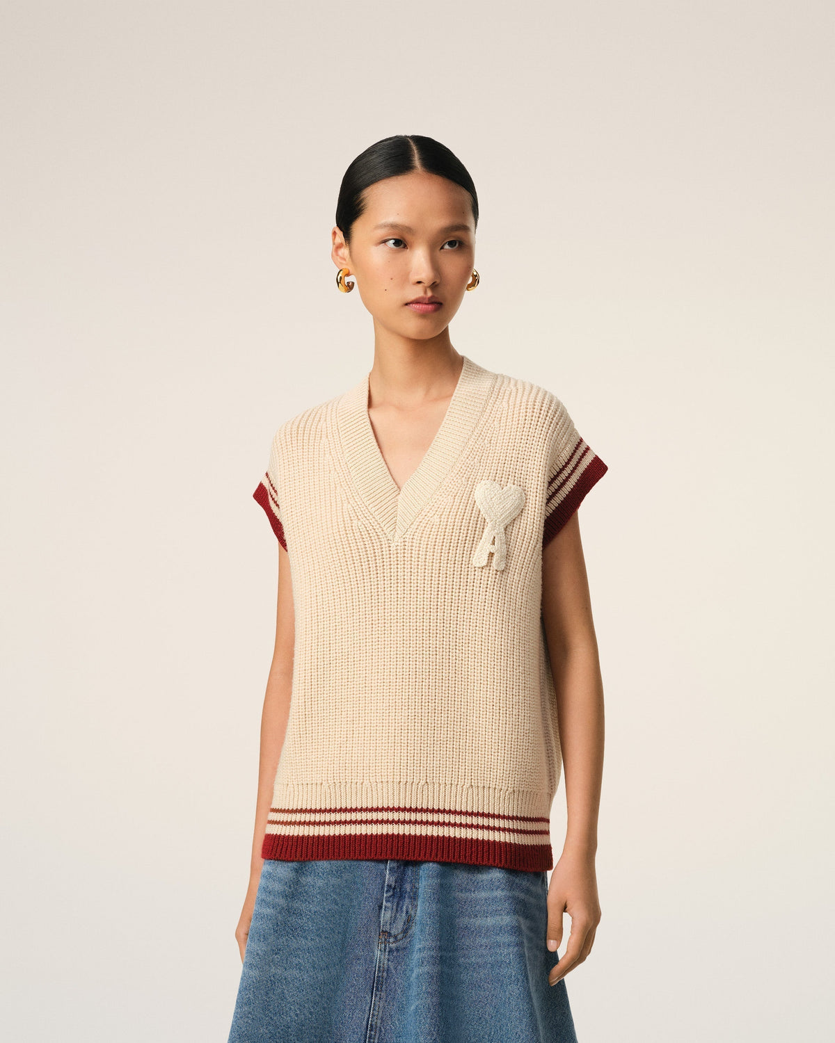 Beige Wool Ribbed Sleeveless V Neck Sweater