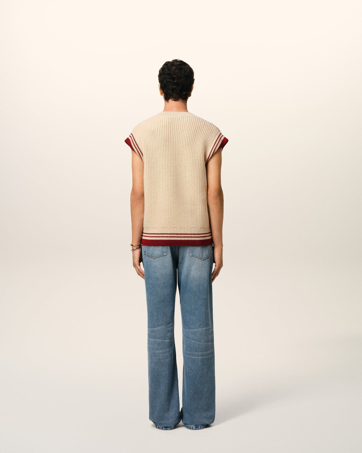 Beige Wool Ribbed Sleeveless V Neck Sweater