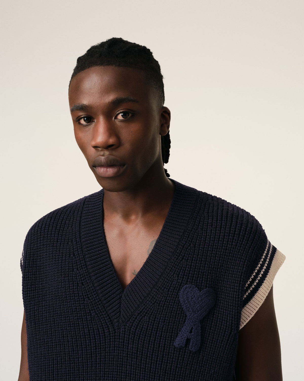 Navy Wool Ribbed Sleeveless V Neck Sweater