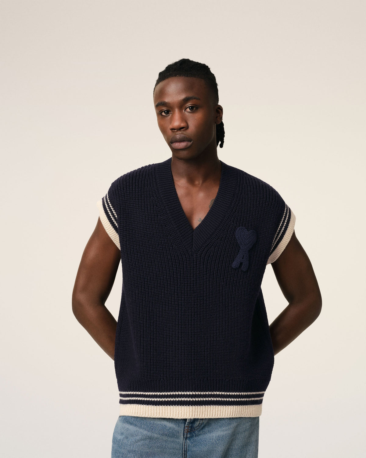 Navy Wool Ribbed Sleeveless V Neck Sweater