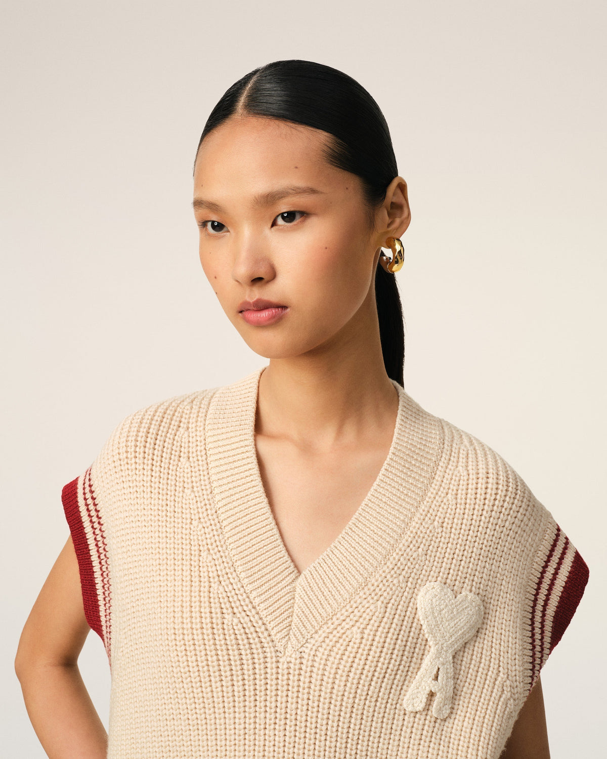Beige Wool Ribbed Sleeveless V Neck Sweater