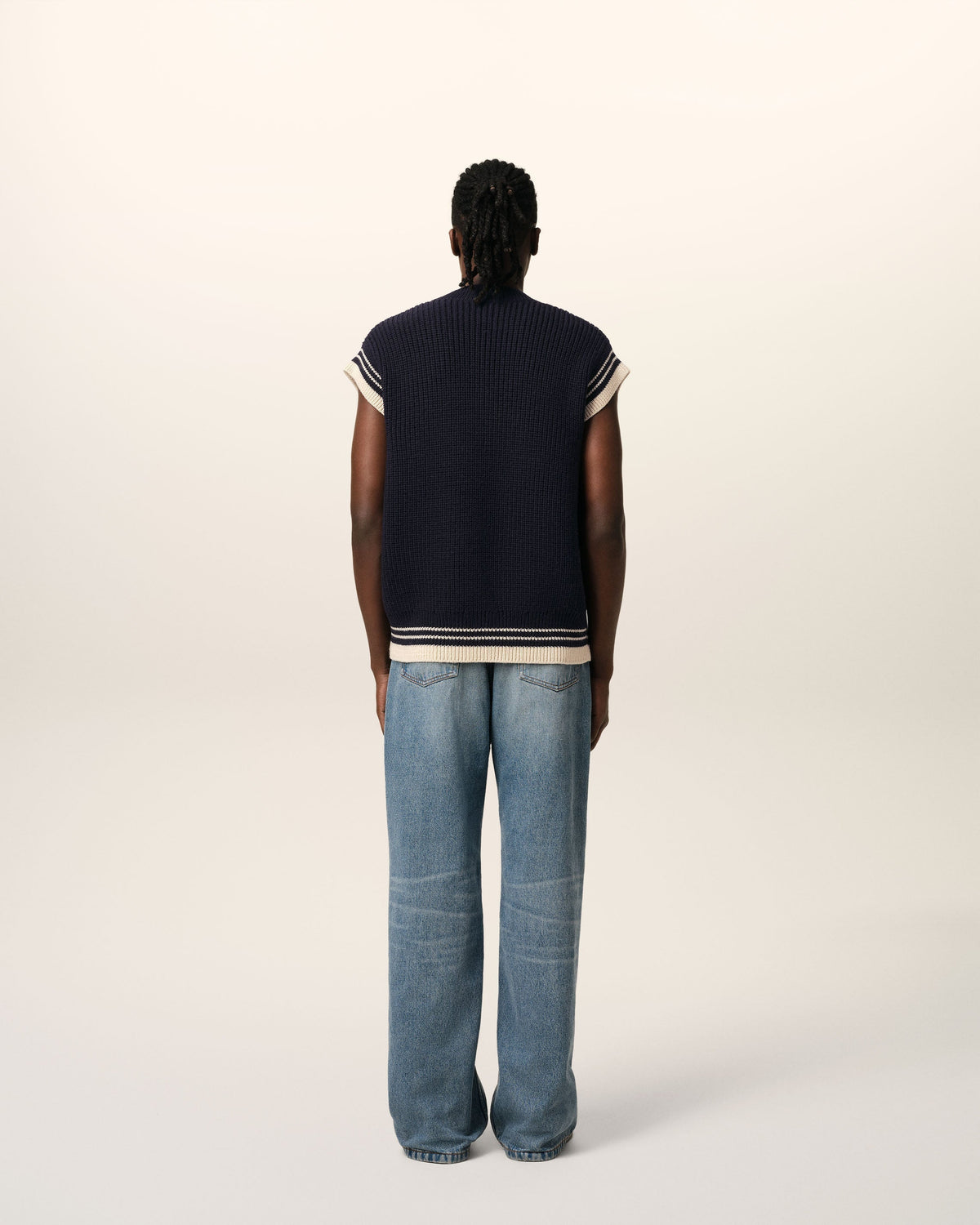 Navy Wool Ribbed Sleeveless V Neck Sweater