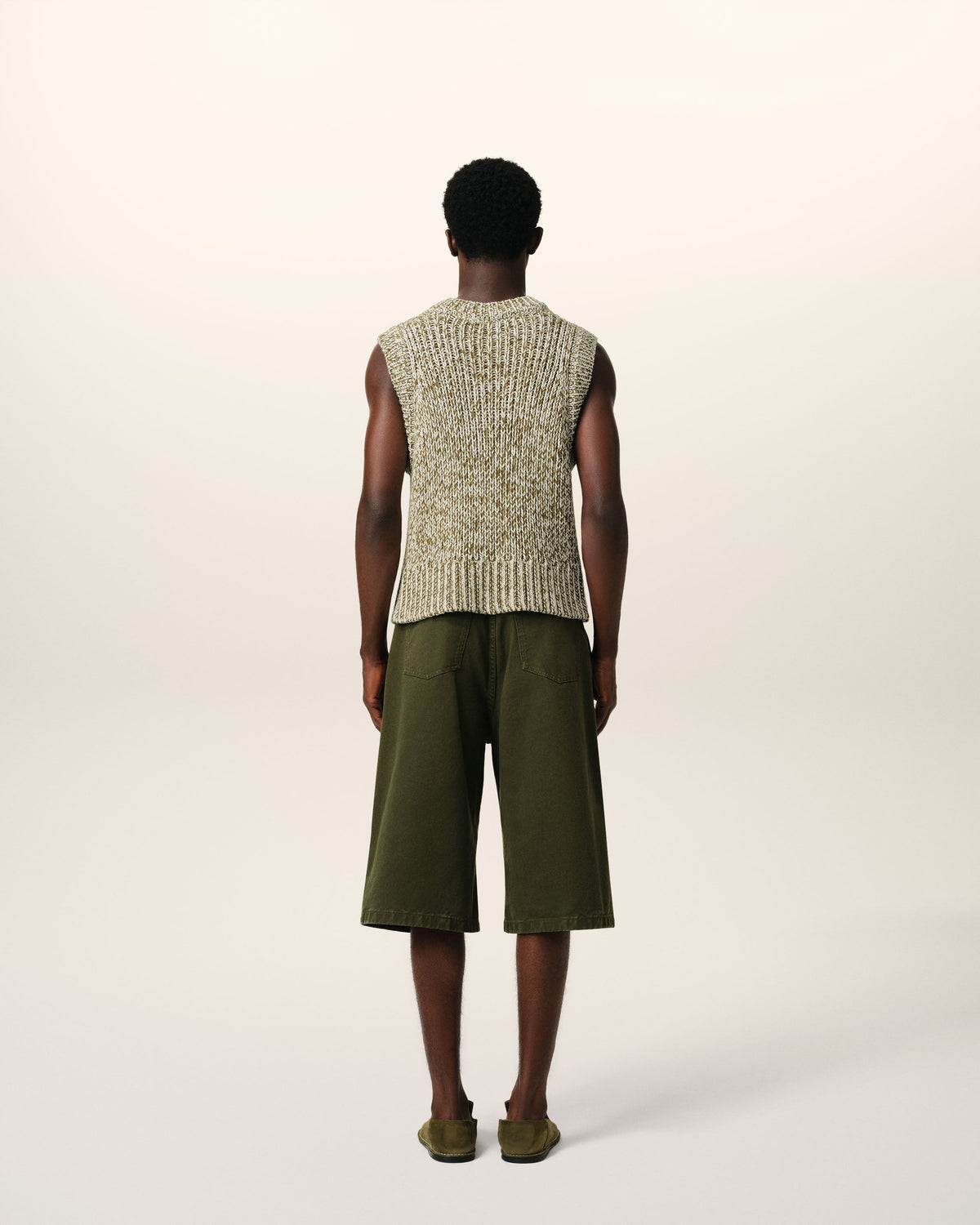 Green Cotton And Wool Sleeveless V Neck Sweater