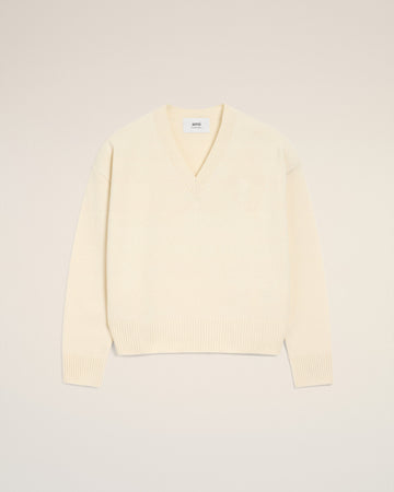 White Wool Ami De Coeur V Neck Sweater