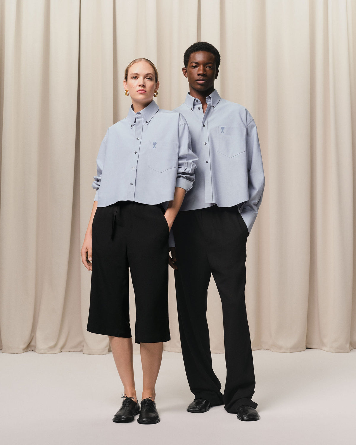 Blue Cotton Button-Down Cropped Oversized Shirt