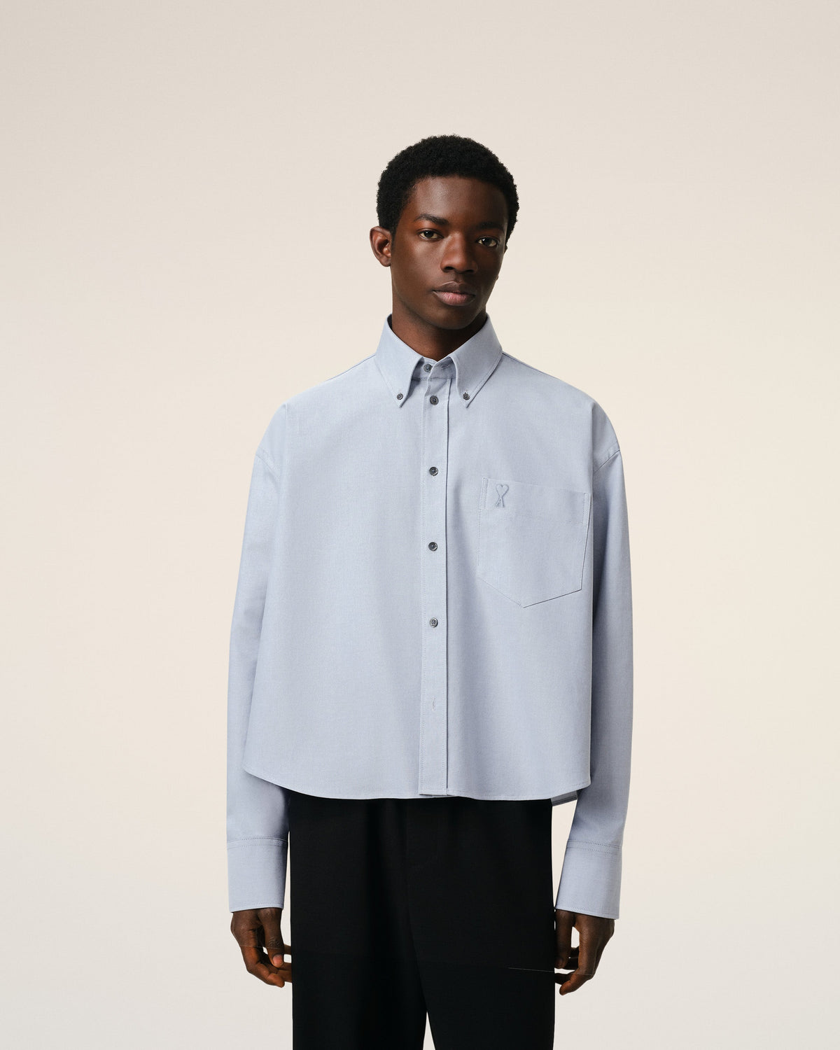 Blue Cotton Button-Down Cropped Oversized Shirt