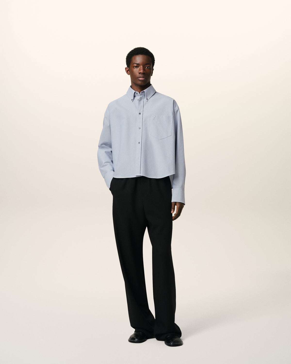 Blue Cotton Button-Down Cropped Oversized Shirt