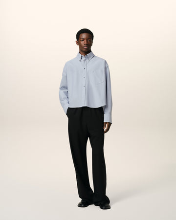 Blue Cotton Button-Down Cropped Oversized Shirt