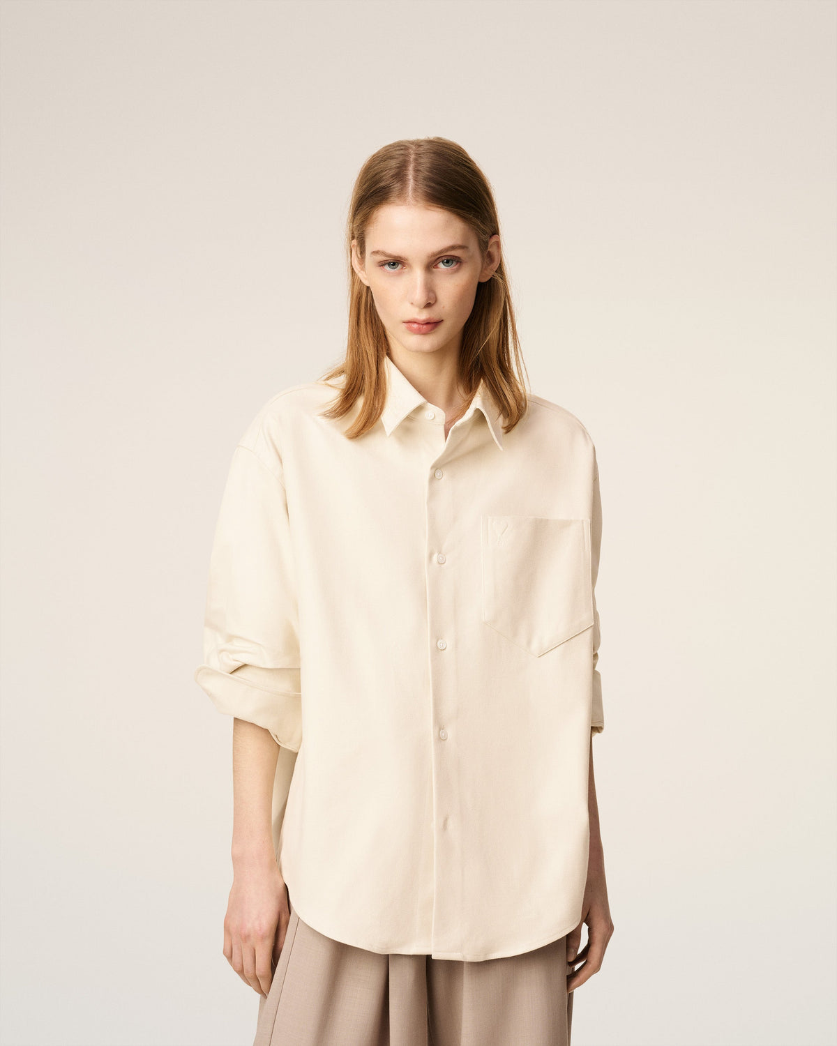 Beige Cotton Embossed Ami De Coeur Boxy Shirt
