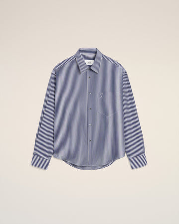 Blue Cotton Embossed Striped Ami De Coeur Boxy Shirt