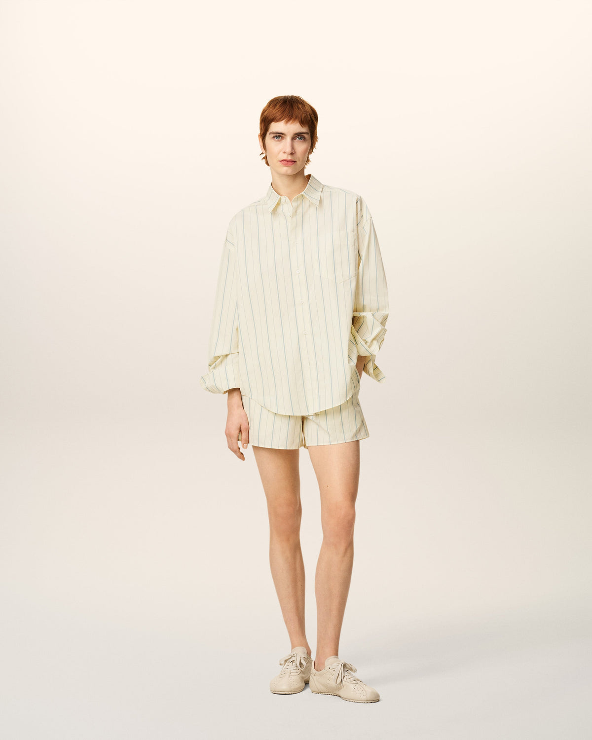 Beige Cotton  Boxy Fit Striped Shirt