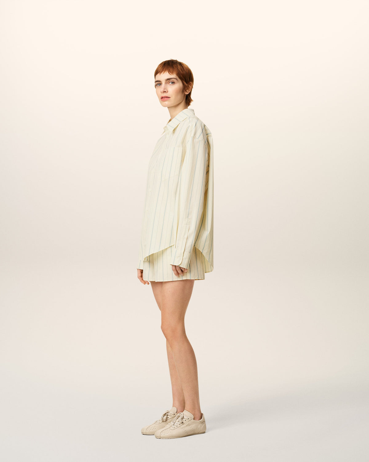 Beige Cotton  Boxy Fit Striped Shirt