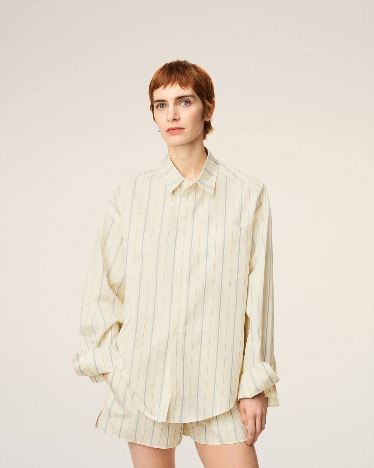 Beige Cotton  Boxy Fit Striped Shirt