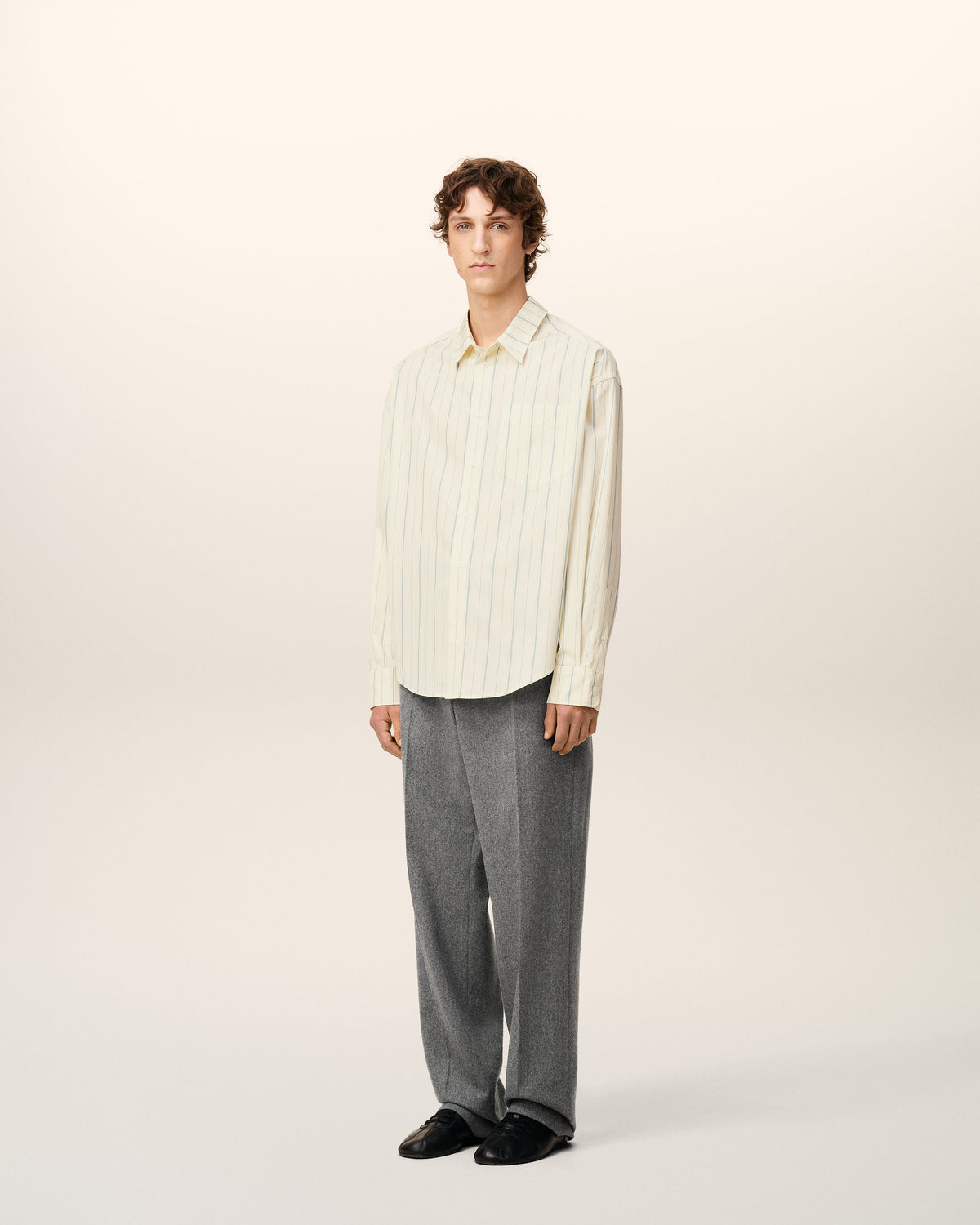 Beige Cotton  Boxy Fit Striped Shirt