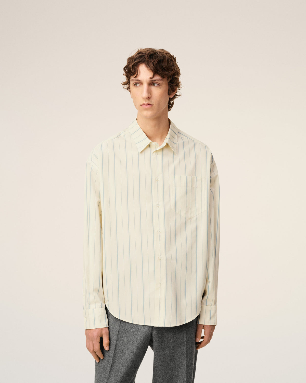 Beige Cotton  Boxy Fit Striped Shirt