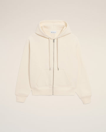 White Cotton Embossed Ami De Coeur Zipped Hoodie