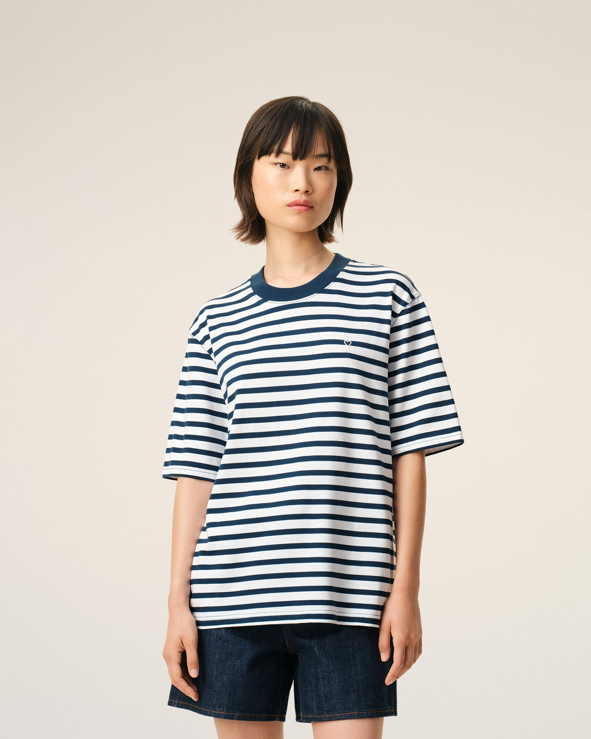 Blue Cotton Boxy Fit Mariniere Ami De Coeur T-shirt