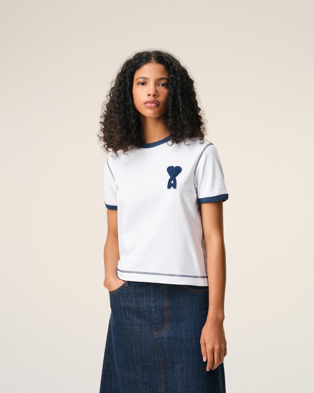 White Cotton Ami De Coeur Knitted Patch T-shirt